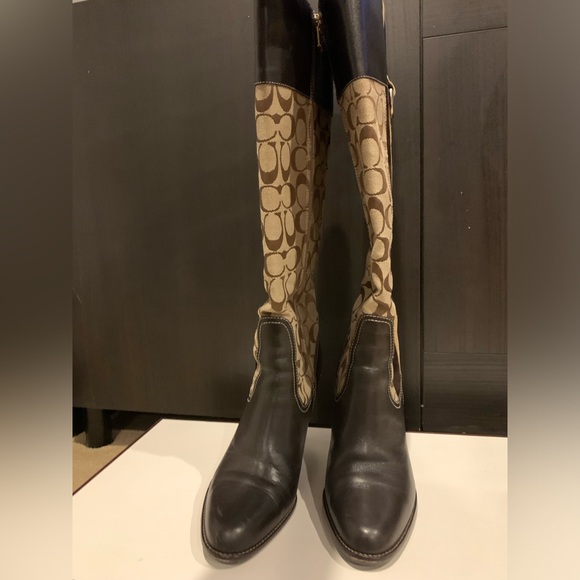 Coach logo heeled knee high boots, brown leather - Picture 3 of 4